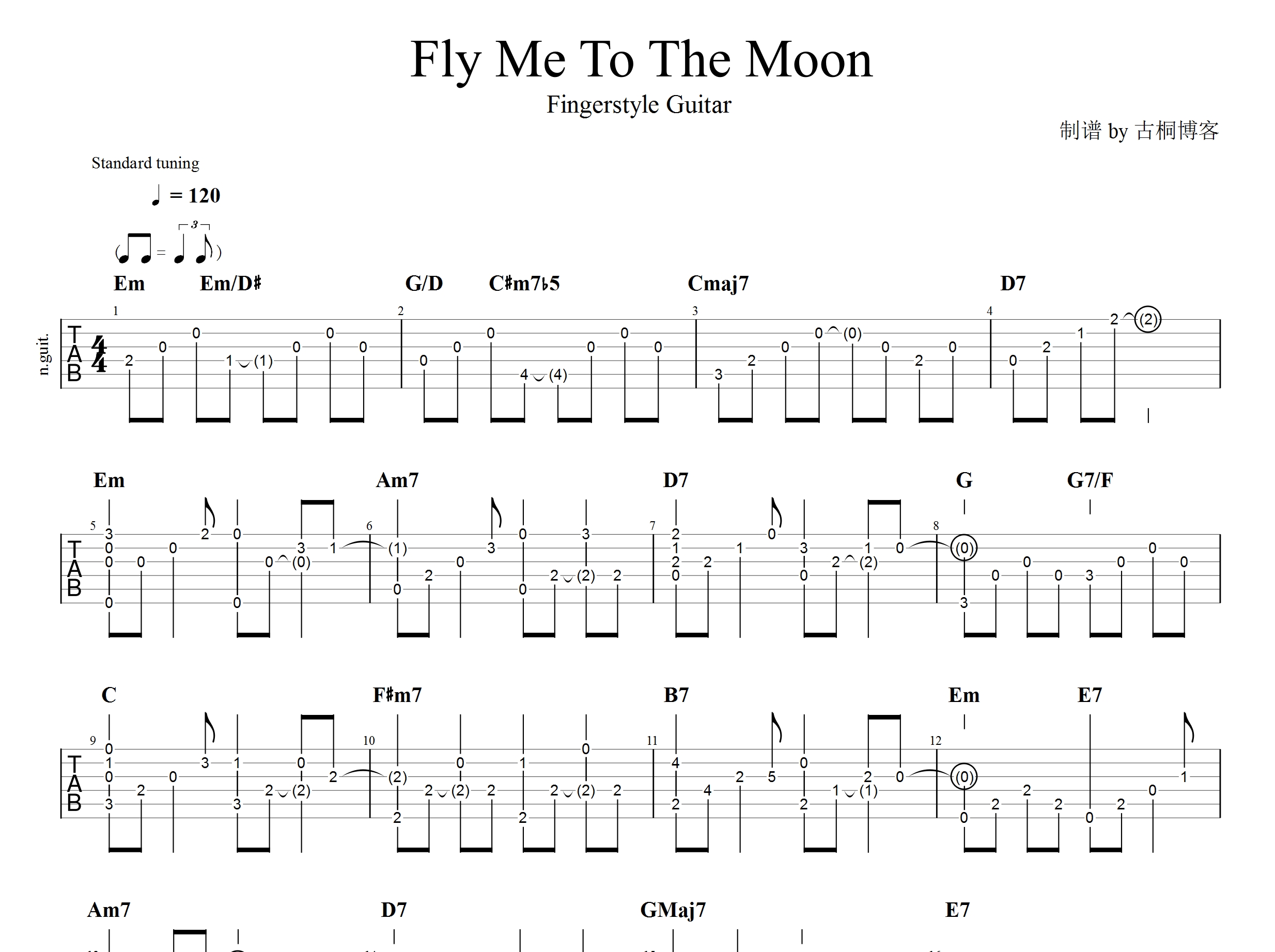 【吉他指弹】Fly Me To The Moon 曲谱下载-古桐博客
